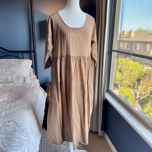 100% Cotton French Peasant Cottagecore Tan Dress - Picture 3 of 11